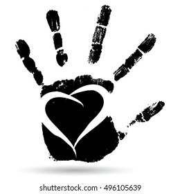 Vector concept conceptual cute paint human hand or handprint of child with heart shape isolated on white background for art, childhood, fun, happy, infant, symbol, kid, education, little, young love