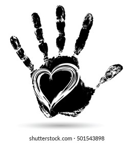 Vector concept conceptual cute paint human hand or handprint of child with heart shape isolated on white background for art, childhood, fun, happy, infant, symbol, kid, education, little, young love