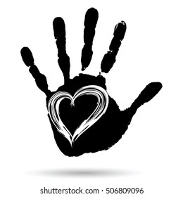 Vector concept conceptual cute paint human hand or handprint of child with heart shape isolated on white background for art, childhood, fun, happy, infant, symbol, kid, education, little, young love