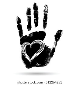 Concepto vectorial pintura linda conceptual mano humana o huella de mano de niño con forma de corazón aislado en fondo blanco para el arte, la infancia, diversión, feliz, infante, símbolo, niño, educación, poco, amor joven