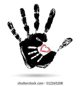 Vector concept or conceptual cute paint hand of mother child and heart shape isolated on white for art, care, childhood, family, fun, happy, infant, symbol, kid, little, love, mom, motherhood, young