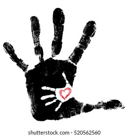 Vector concept or conceptual cute paint hand of mother child and heart shape isolated on white for art, care, childhood, family, fun, happy, infant, symbol, kid, little, love, mom, motherhood, young