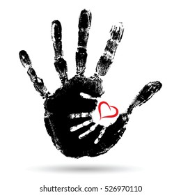 Vector concept or conceptual cute paint hand of mother child and heart shape isolated on white for art, care, childhood, family, fun, happy, infant, symbol, kid, little, love, mom, motherhood, young