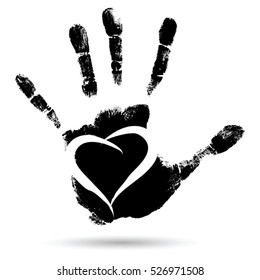 Vector concept conceptual cute paint human hand or handprint of child with heart shape isolated on white background for art, childhood, fun, happy, infant, symbol, kid, education, little, young love