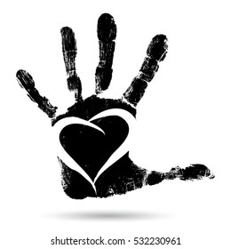 Concepto vectorial pintura linda conceptual mano humana o huella de mano de niño con forma de corazón aislado en fondo blanco para el arte, la infancia, diversión, feliz, infante, símbolo, niño, educación, poco, amor joven