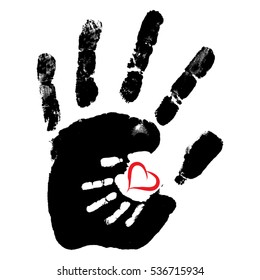 Vector concept or conceptual cute paint hand of mother child and heart shape isolated on white for art, care, childhood, family, fun, happy, infant, symbol, kid, little, love, mom, motherhood, young