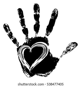 Vector concept conceptual cute paint human hand or handprint of child with heart shape isolated on white background for art, childhood, fun, happy, infant, symbol, kid, education, little, young love