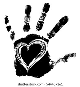 Vector concept conceptual cute paint human hand or handprint of child with heart shape isolated on white background for art, childhood, fun, happy, infant, symbol, kid, education, little, young love