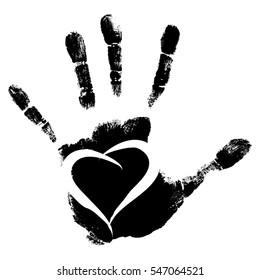 Vector concept conceptual cute paint human hand or handprint of child with heart shape isolated on white background for art, childhood, fun, happy, infant, symbol, kid, education, little, young love