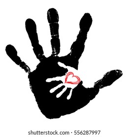 Vector concept conceptual cute paint hand of mother child and heart shape isolated on white background for art, care, childhood, family, fun, happy, infant, symbol kid little love mom motherhood young