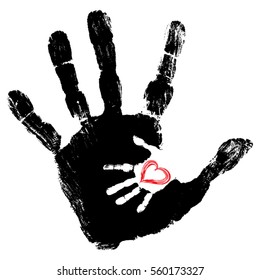 Vector concept or conceptual cute paint hand of mother child and heart shape isolated on white for art, care, childhood, family, fun, happy, infant, symbol, kid, little, love, mom, motherhood, young