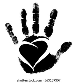 Vector concept conceptual cute paint human hand or handprint of child with heart shape isolated on white background for art, childhood, fun, happy, infant, symbol, kid, education, little, young love