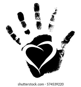 Vector concept conceptual cute paint human hand or handprint of child with heart shape isolated on white background for art, childhood, fun, happy, infant, symbol, kid, education, little, young love