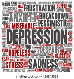 Vector concept conceptual depression or mental emotional disorder square word cloud isolated on background metaphor to anxiety, sadness, negative, sad, problem, despair, unhappy, frustration symptom