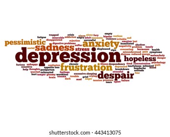 Vector concept conceptual depression or mental emotional disorder abstract word cloud isolated on background metaphor to anxiety, sadness, negative, sad, problem, despair, unhappy, frustration symptom