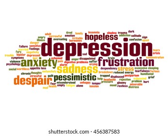 Vector concept conceptual depression or mental emotional disorder abstract word cloud isolated on background metaphor to anxiety, sadness, negative, sad, problem, despair, unhappy, frustration symptom