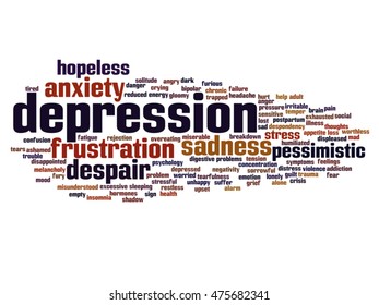 Vector concept conceptual depression or mental emotional disorder abstract word cloud isolated on background metaphor to anxiety, sadness, negative, sad, problem, despair, unhappy, frustration symptom