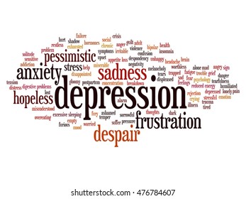 Concepto vectorial depresión conceptual o trastorno emocional mental nube de palabras abstractas aisladas en metáfora de fondo a ansiedad, tristeza, negativo, triste, problema, desesperación, infeliz, síntoma de frustración
