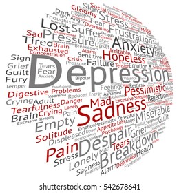 Concepto vectorial depresión conceptual o trastorno emocional mental nube de palabras abstractas aisladas en metáfora de fondo a ansiedad, tristeza, negativo, triste, problema, desesperación, infeliz, síntoma de frustración