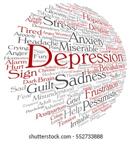 Concepto vectorial depresión conceptual o trastorno emocional mental nube de palabras abstractas aisladas en metáfora de fondo a ansiedad, tristeza, negativo, triste, problema, desesperación, infeliz, síntoma de frustración