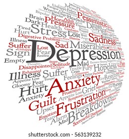 Vector concept conceptual depression or mental emotional disorder abstract word cloud isolated on background metaphor to anxiety, sadness, negative, sad, problem, despair, unhappy, frustration symptom