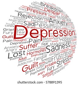 Vector concept conceptual depression or mental emotional disorder abstract word cloud isolated on background metaphor to anxiety, sadness, negative, sad, problem, despair, unhappy, frustration symptom