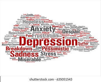 Vector concept conceptual depression or mental emotional disorder problem abstract word cloud isolated background. Collage of anxiety sadness, negative, sad, despair, unhappy, frustration symptom text