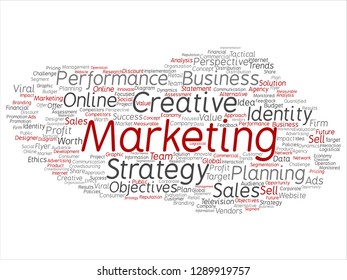 Vector concept or conceptual development business marketing target word cloud isolated background. Collage of advertising, strategy, promotion branding, value, performance planning or challenge text