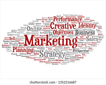 Vector concept or conceptual development business marketing target word cloud isolated background. Collage of advertising, strategy, promotion branding, value, performance planning or challenge text