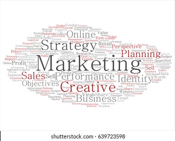 Vector concept or conceptual development business marketing target word cloud isolated background. Collage of advertising, strategy, promotion branding, value, performance planning or challenge text