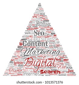 Vector concept or conceptual digital marketing seo traffic triangle arrow word cloud isolated background. Collage of business, market content, search, web push placement or communication technology