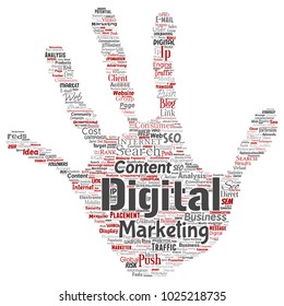 Vector concept or conceptual digital marketing seo traffic hand print stamp word cloud isolated background. Collage of business, market content, search, web push placement or communication technology