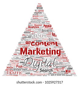 Vector concept or conceptual digital marketing seo traffic triangle arrow word cloud isolated background. Collage of business, market content, search, web push placement or communication technology
