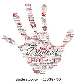 Vector concept or conceptual digital marketing seo traffic hand print stamp word cloud isolated background. Collage of business, market content, search, web push placement or communication technology