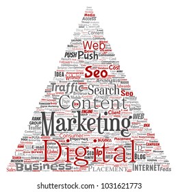 Concepto vectorial o marketing digital conceptual seo tráfico triángulo flecha palabra nube aislado fondo. Collage de negocios, contenido de mercado, búsqueda, inserción web o tecnología de comunicación