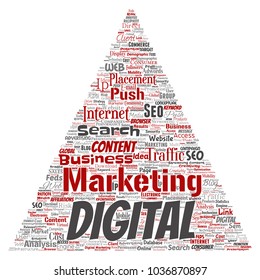 Vector concept or conceptual digital marketing seo traffic triangle arrow word cloud isolated background. Collage of business, market content, search, web push placement or communication technology