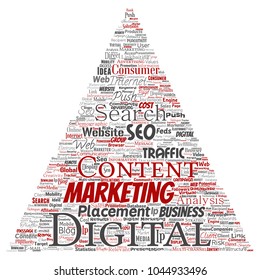 Vector concept or conceptual digital marketing seo traffic triangle arrow word cloud isolated background. Collage of business, market content, search, web push placement or communication technology