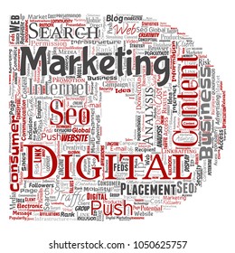 Vector concept or conceptual digital marketing seo traffic letter font D word cloud isolated background. Collage of business, market content, search, web push placement or communication technology