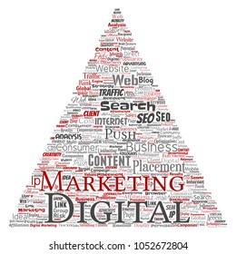 Vector concept or conceptual digital marketing seo traffic triangle arrow word cloud isolated background. Collage of business, market content, search, web push placement or communication technology