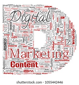 Vector concept or conceptual digital marketing seo traffic letter font D word cloud isolated background. Collage of business, market content, search, web push placement or communication technology