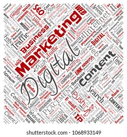 Vector concept or conceptual digital marketing seo traffic square red word cloud isolated background. Collage of business, market content, search, web push placement or communication technology
