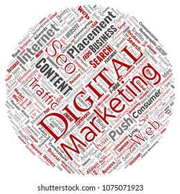 Vector concept or conceptual digital marketing seo traffic round circle red word cloud isolated background. Collage of business, market content, search, web push placement or communication technology