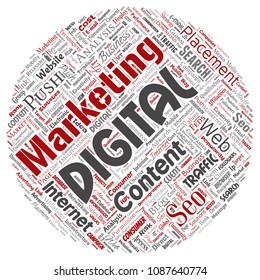 Vector concept or conceptual digital marketing seo traffic round circle red word cloud isolated background. Collage of business, market content, search, web push placement or communication technology