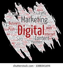 Vector concept or conceptual digital marketing seo traffic paint brush paper word cloud isolated background. Collage of business, market content, search, web push placement or communication technology