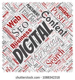 Vector concept or conceptual digital marketing seo traffic square red word cloud isolated background. Collage of business, market content, search, web push placement or communication technology