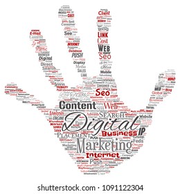 Vector concept or conceptual digital marketing seo traffic hand print stamp word cloud isolated background. Collage of business, market content, search, web push placement or communication technology