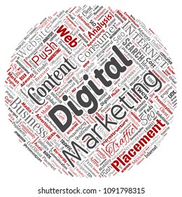 Vector concept or conceptual digital marketing seo traffic round circle red word cloud isolated background. Collage of business, market content, search, web push placement or communication technology