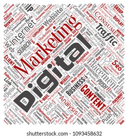 Vector concept or conceptual digital marketing seo traffic square red word cloud isolated background. Collage of business, market content, search, web push placement or communication technology