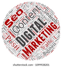 Vector concept or conceptual digital marketing seo traffic round circle red word cloud isolated background. Collage of business, market content, search, web push placement or communication technology