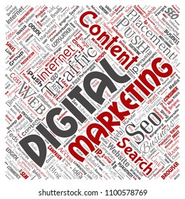 Vector concept or conceptual digital marketing seo traffic square red word cloud isolated background. Collage of business, market content, search, web push placement or communication technology